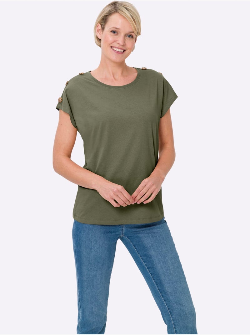 T-shirt à Manches Courtes Boutons Imitation Corne - Taille Standard - Moda Vilona Kaki - Kiabi
