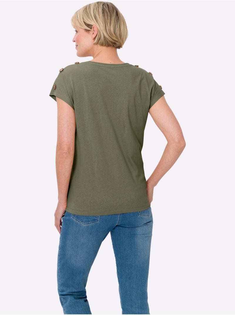 T-shirt à Manches Courtes Boutons Imitation Corne - Taille Standard - Moda Vilona Kaki - Kiabi