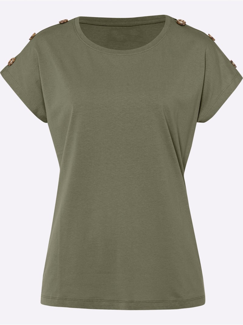 T-shirt à Manches Courtes Boutons Imitation Corne - Taille Standard - Moda Vilona Kaki - Kiabi