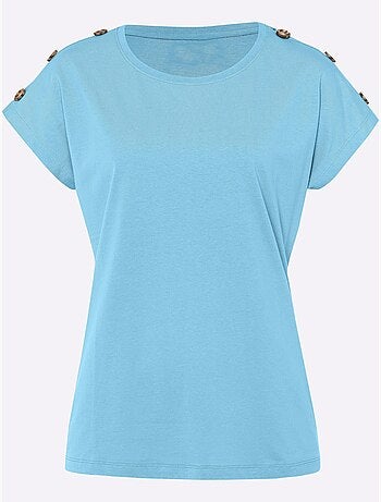 T-shirt à manches courtes avec col rond et boutons imitation corne - Taille standard - Moda Vilona