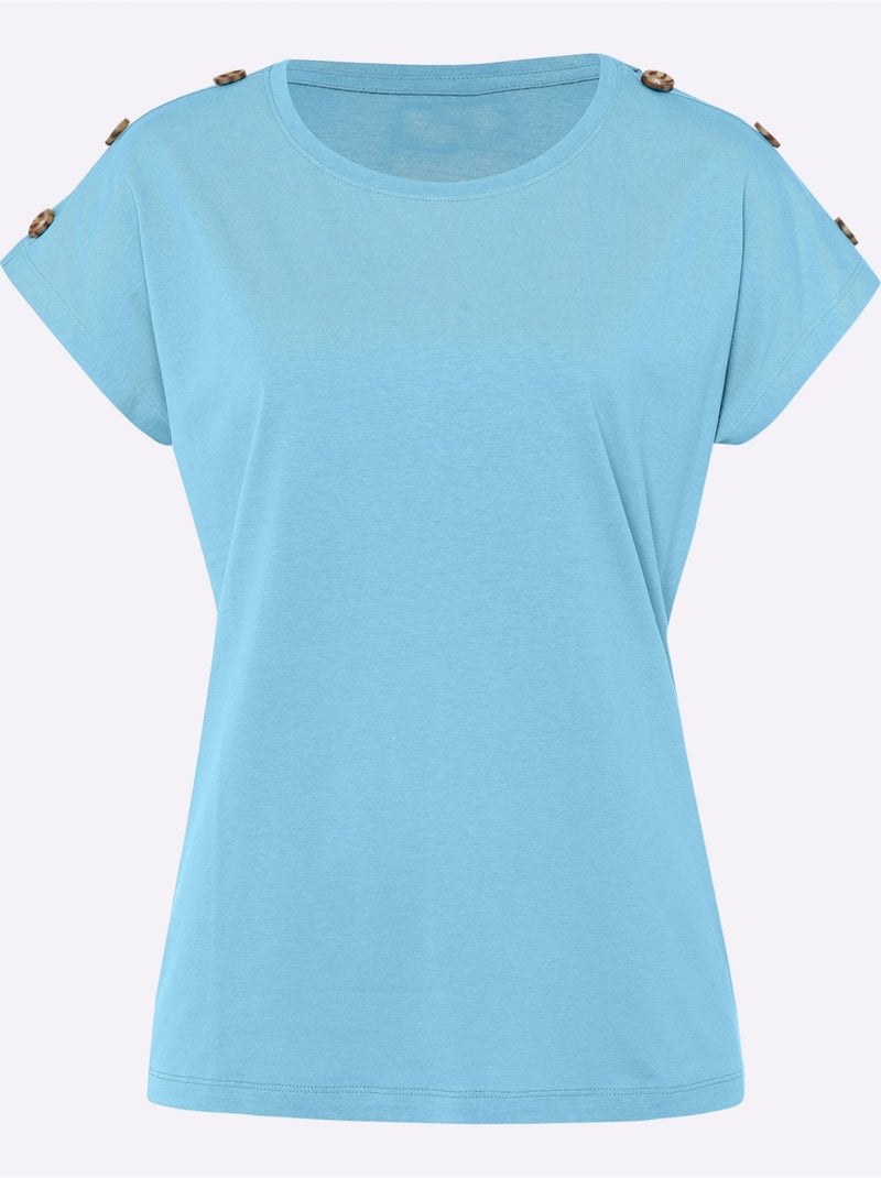 T-shirt à Manches Courtes Boutons Imitation Corne - Taille Standard - Moda Vilona Vert d'eau - Kiabi