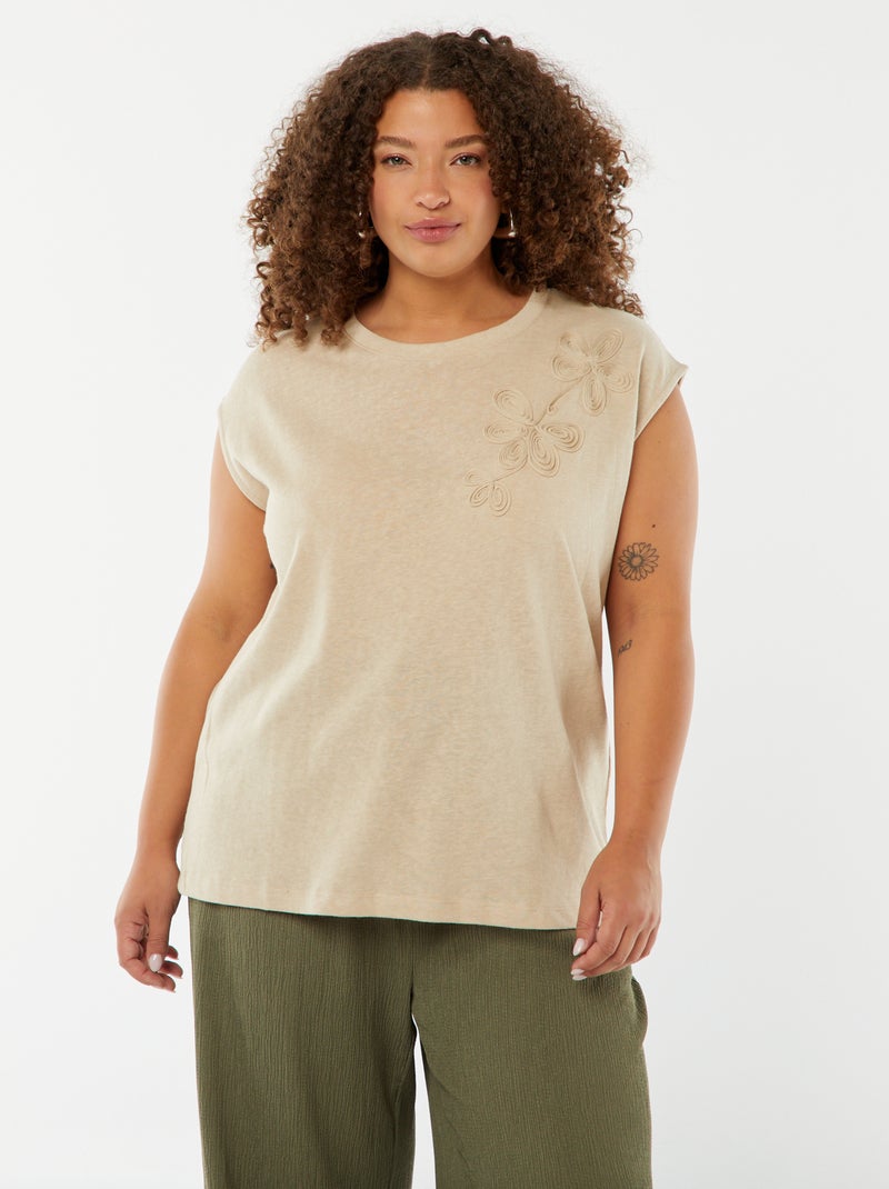 T-shirt à manches courtes brodé Beige - Kiabi