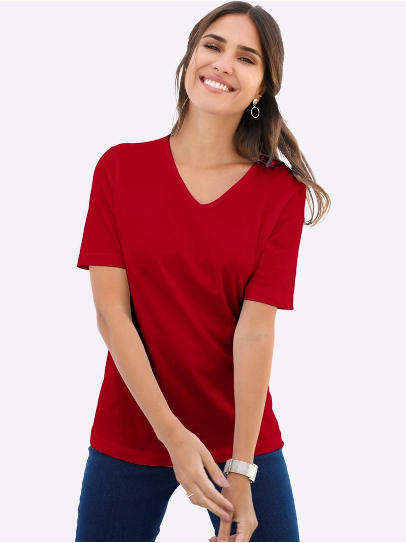T-shirt à Manches Courtes Col V - Taille Standard - Moda Vilona Rouge - Kiabi