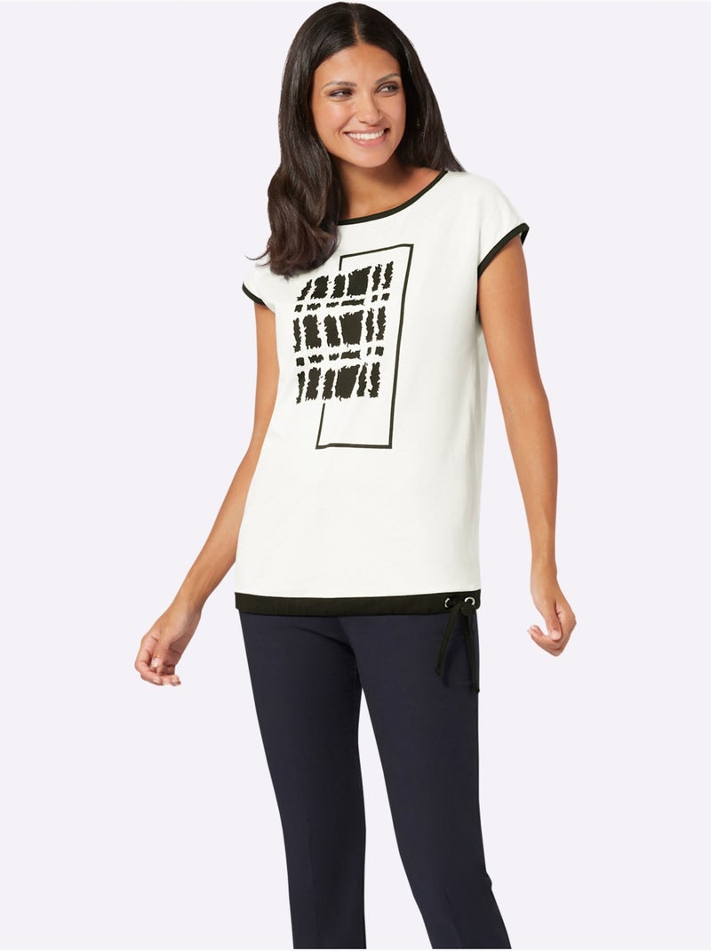 T-shirt à Manches Courtes Coulisse Et Lien à Nouer à La Base - Taille Standard - Moda Vilona Noir Ecru - Kiabi