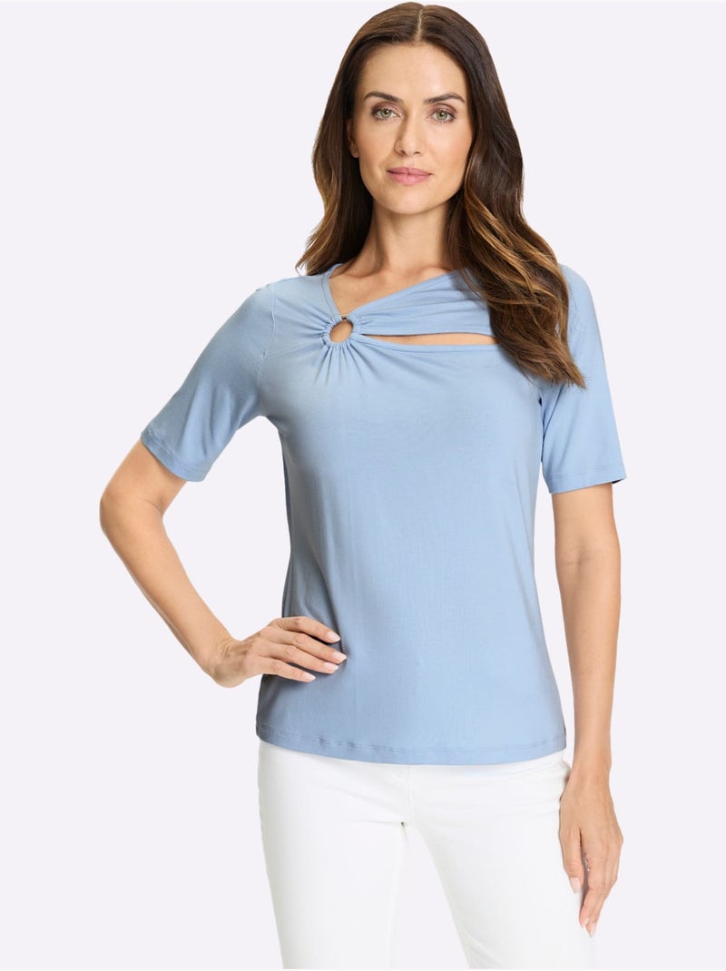 T-shirt à Manches Courtes Découpe Raffinée à L'encolure - Taille Standard - helline Bleu ciel - Kiabi