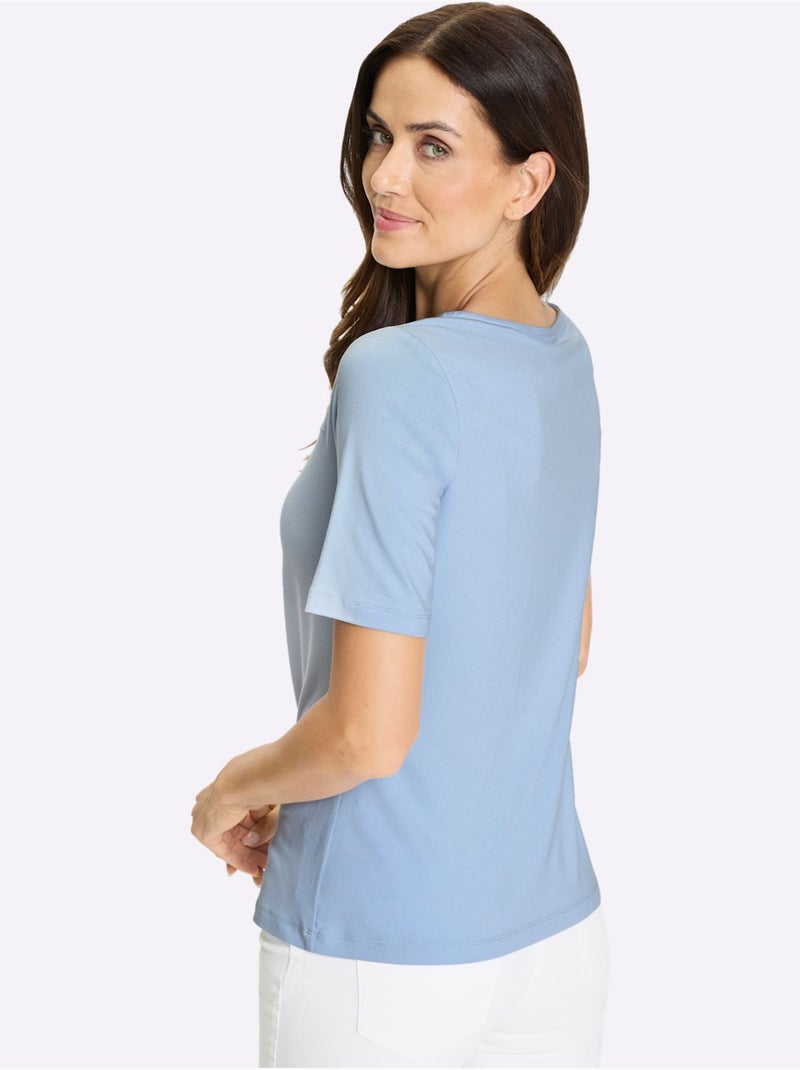 T-shirt à Manches Courtes Découpe Raffinée à L'encolure - Taille Standard - helline Bleu ciel - Kiabi