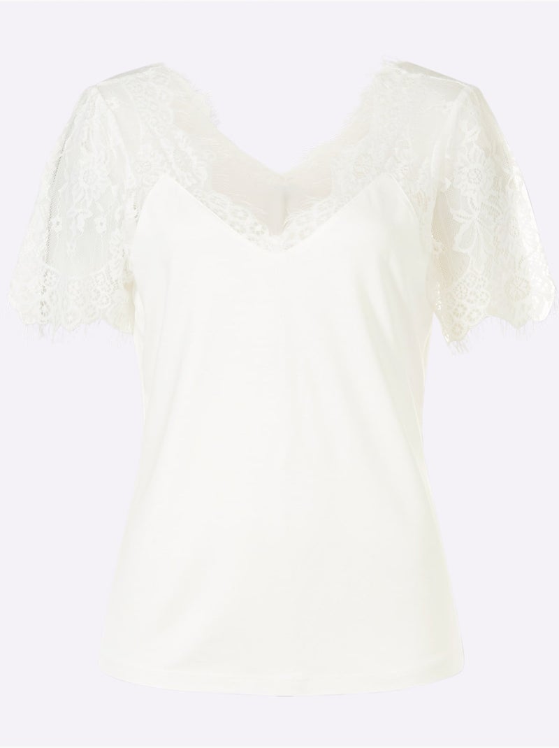 T-shirt à Manches Courtes Dentelle Frangée Raffinée - Taille Standard - helline Ecru - Kiabi