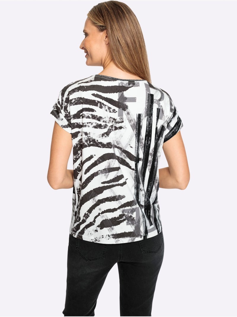 T-shirt à Manches Courtes Détails Brillants - Taille Standard - Helline Blanc Noir - Kiabi