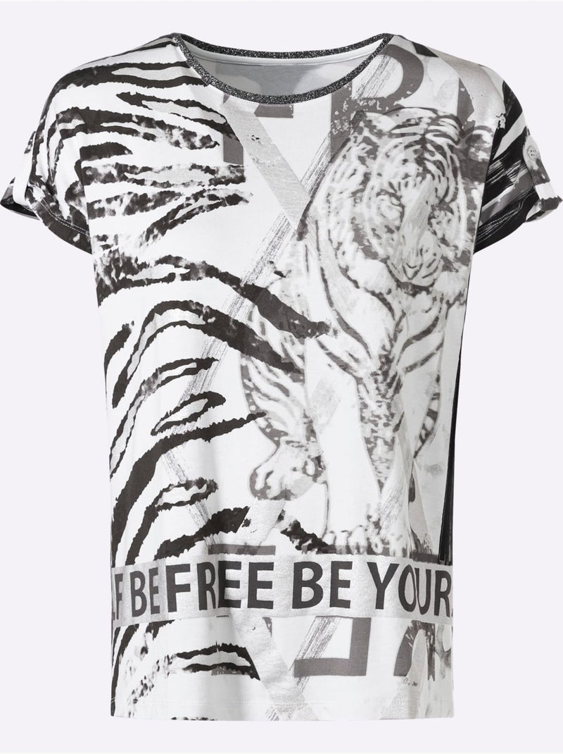 T-shirt à Manches Courtes Détails Brillants - Taille Standard - Helline Blanc Noir - Kiabi