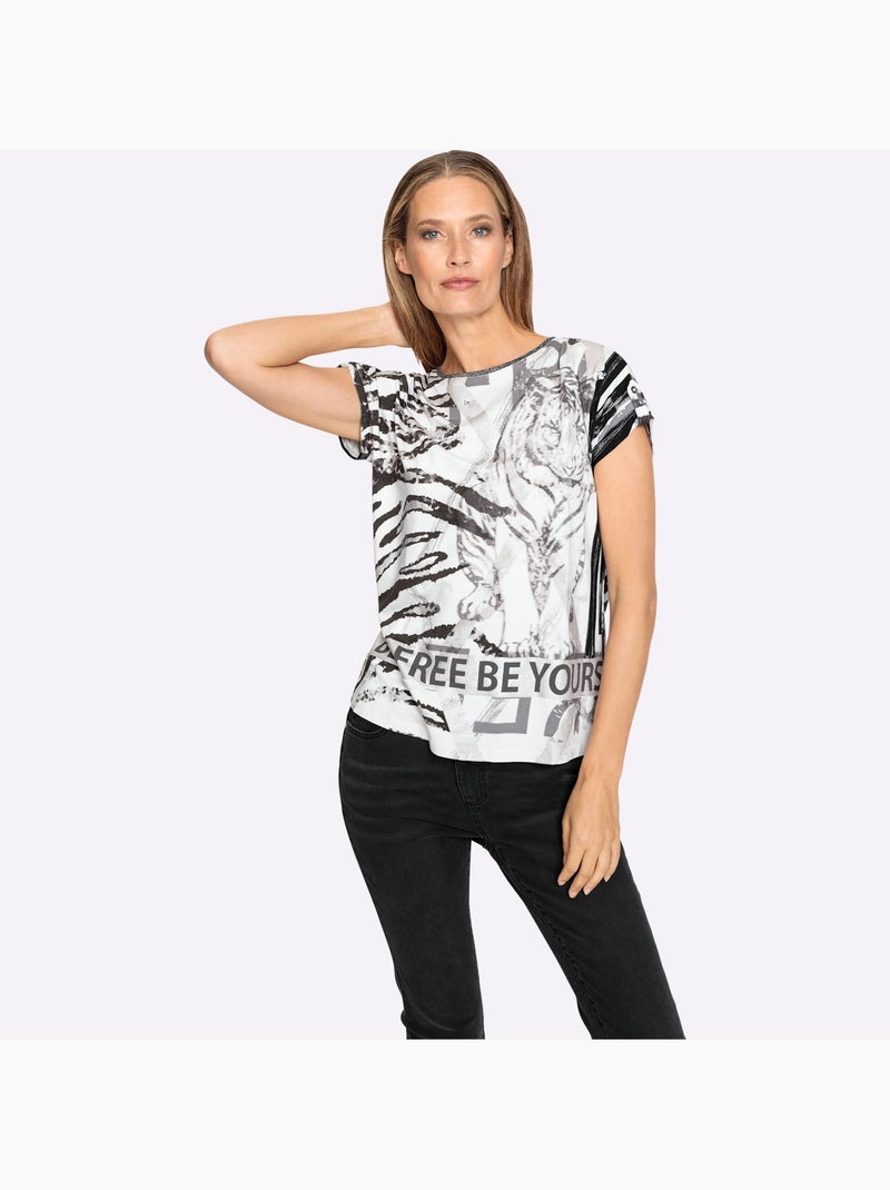 T-shirt à Manches Courtes Détails Brillants - Taille Standard - Helline Blanc Noir - Kiabi