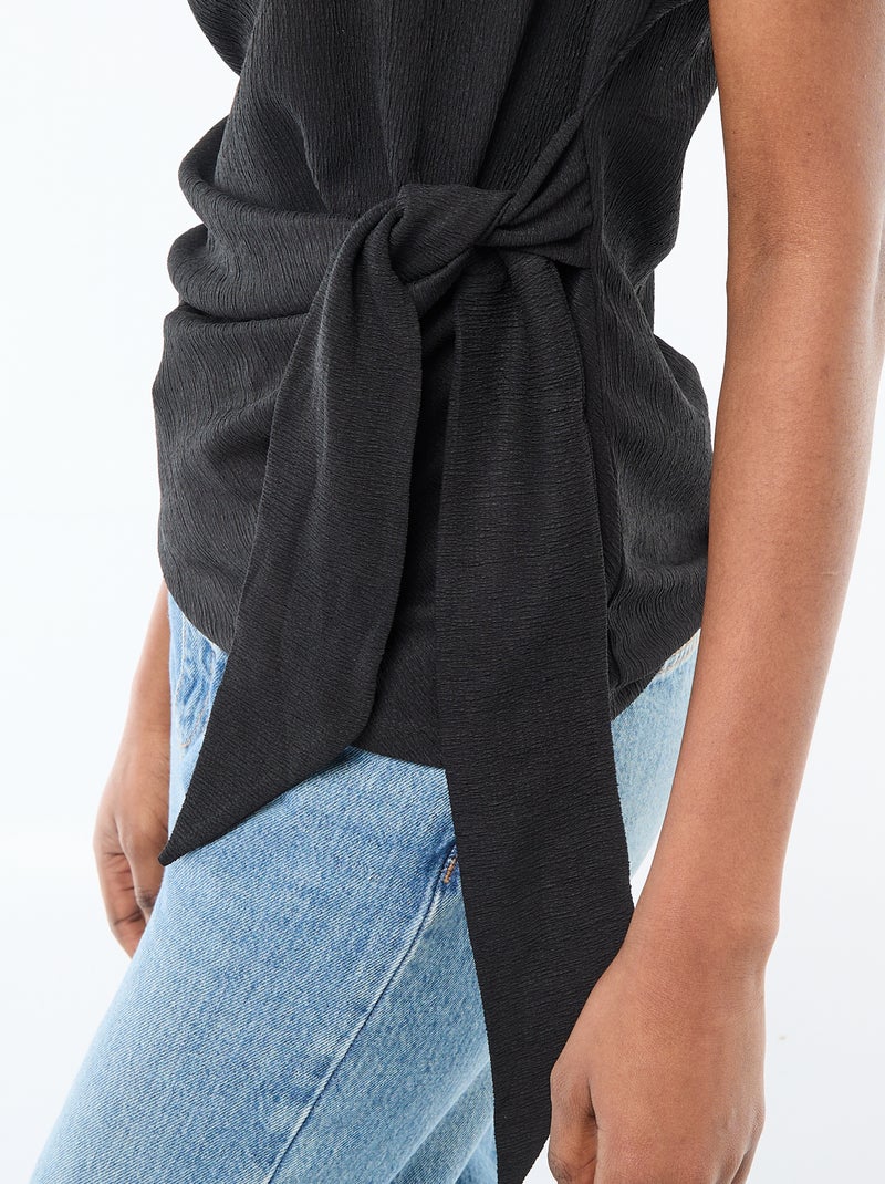 T-shirt  à manches courtes drapé avec nœud en maille crêpée Noir - Kiabi