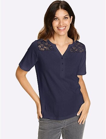 T-shirt à Manches Courtes Empiècement Dentelle Tendance - Taille Standard - Moda Vilona