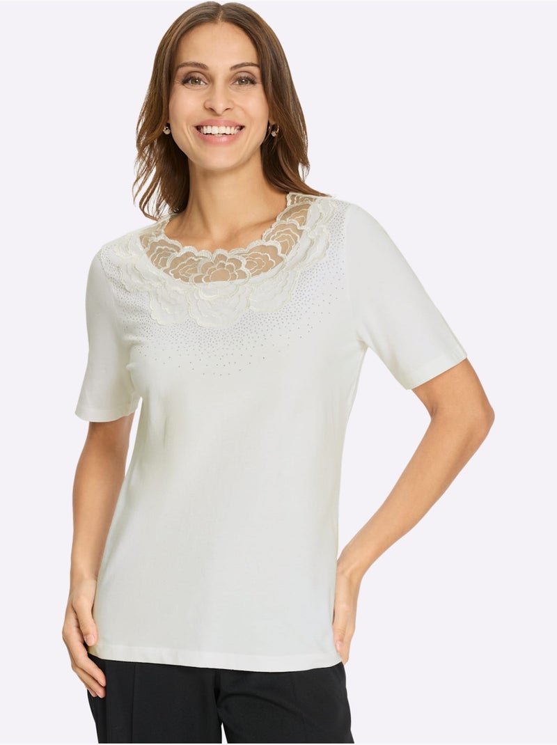 T-shirt à Manches Courtes Empiècement En Dentelle - Taille Standard - Witt Ecru - Kiabi
