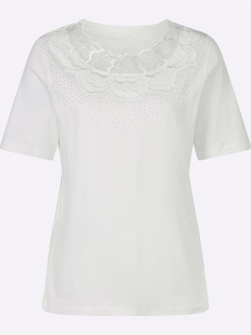 T-shirt à Manches Courtes Empiècement En Dentelle - Taille Standard - Witt Ecru - Kiabi