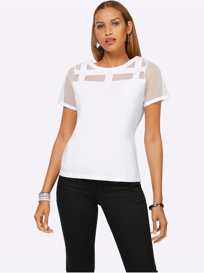 T-shirt à Manches Courtes Empiècements Maille Décoratifs - Taille Standard - Helline Blanc - Kiabi