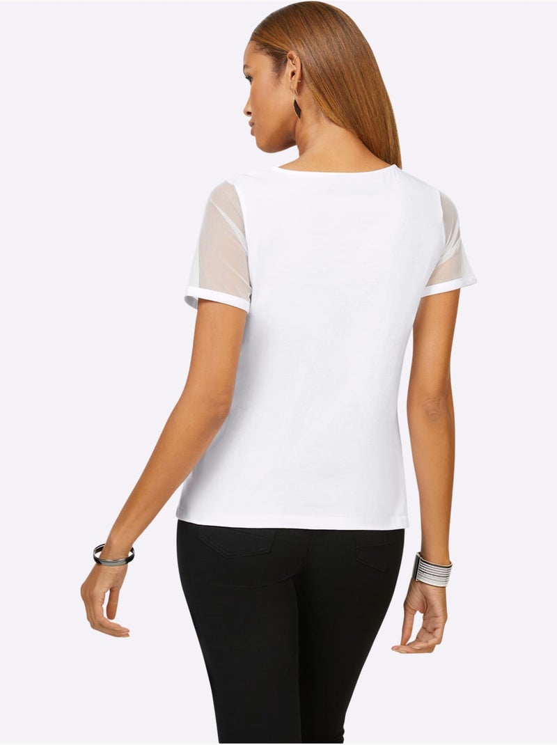 T-shirt à Manches Courtes Empiècements Maille Décoratifs - Taille Standard - Helline Blanc - Kiabi