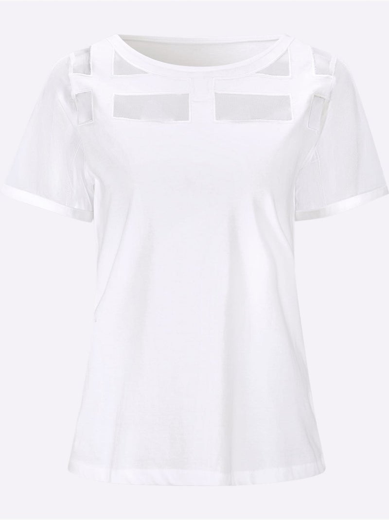 T-shirt à Manches Courtes Empiècements Maille Décoratifs - Taille Standard - Helline Blanc - Kiabi