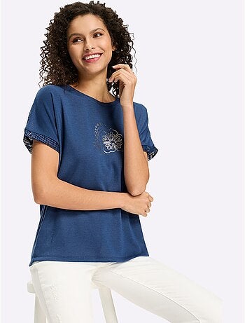 T-shirt à Manches Courtes Empiècements Résille Transparents - Taille Standard - Helline