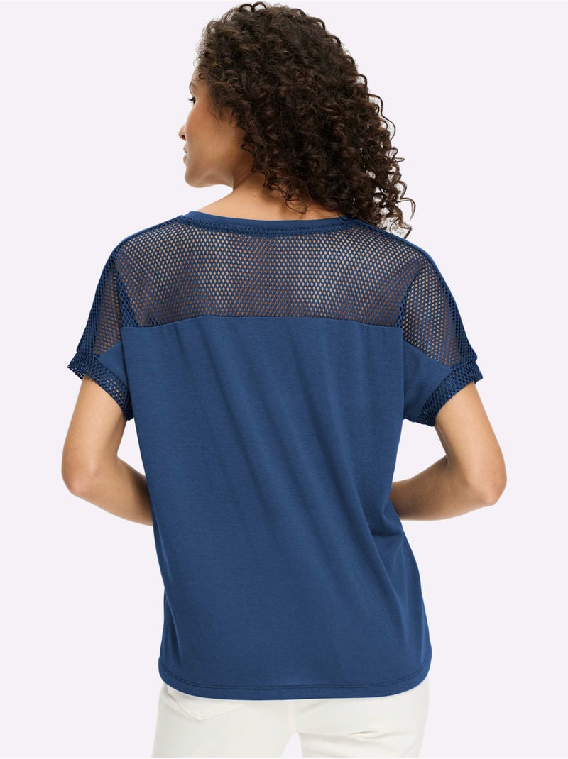 T-shirt à Manches Courtes Empiècements Résille Transparents - Taille Standard - Helline Bleu jean - Kiabi