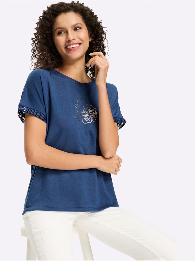 T-shirt à Manches Courtes Empiècements Résille Transparents - Taille Standard - Helline Bleu jean - Kiabi