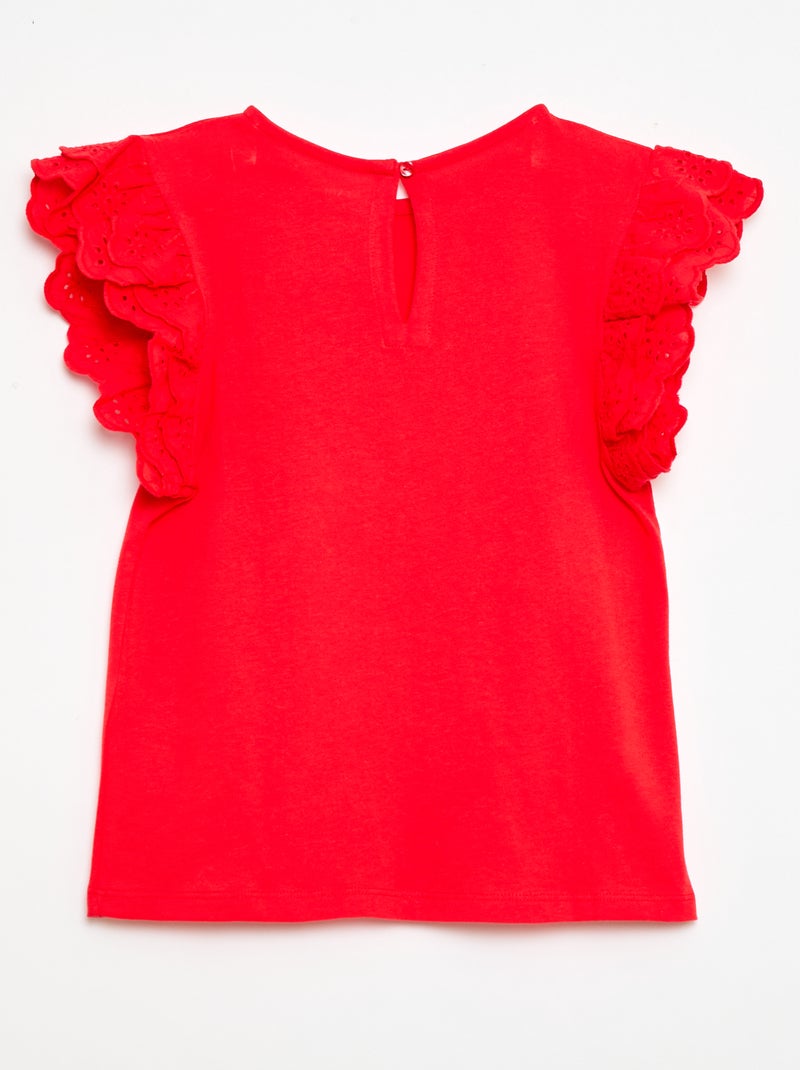 T-shirt à manches courtes en broderies anglaises Rouge - Kiabi