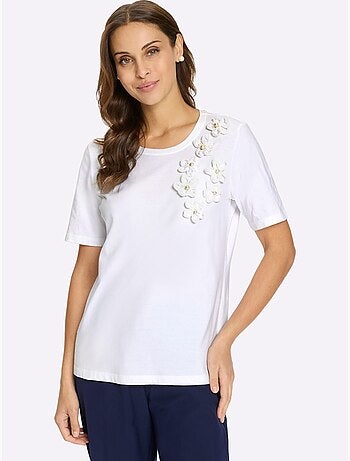 T-shirt à manches courtes en coton avec application florale et perles - Taille standard - Witt