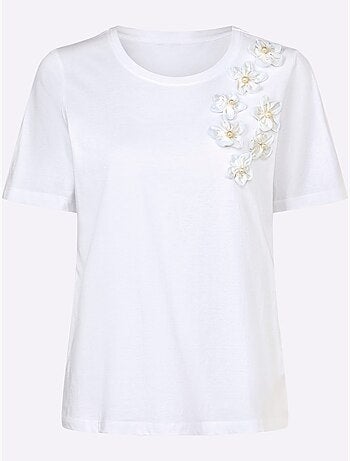 T-shirt à manches courtes en coton avec application florale et perles - Taille standard - Witt