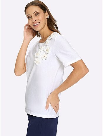 T-shirt à manches courtes en coton avec application florale et perles - Taille standard - Witt