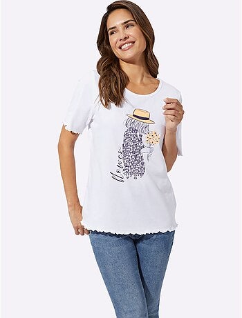 T-shirt à manches courtes en coton avec col rond et motif graphique - Taille standard - Moda Vilona