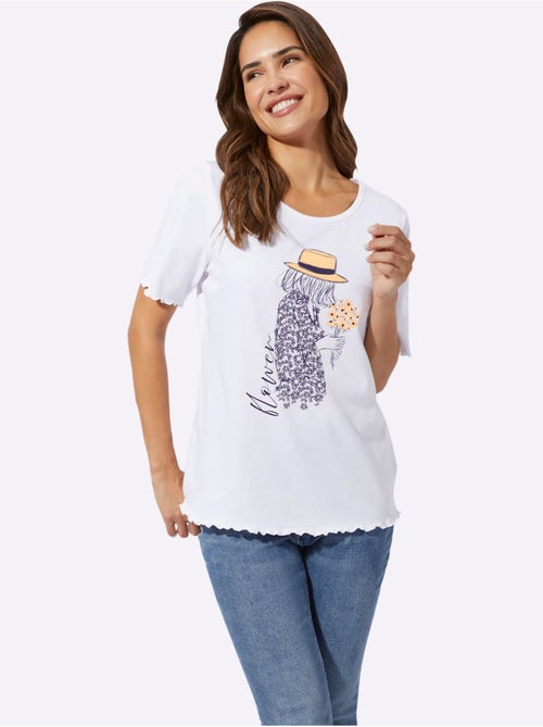 T-shirt à manches courtes en coton avec col rond et motif graphique - Taille standard - Moda Vilona - Kiabi T-shirt à manches courtes en coton avec col rond et motif graphique - Taille standard - Moda Vilona - Kiabi