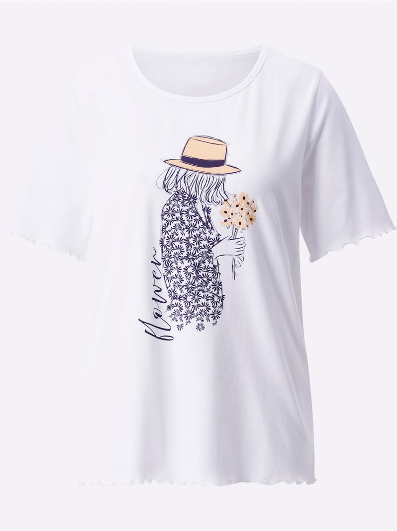 T-shirt à manches courtes en coton avec col rond et motif graphique - Taille standard - Moda Vilona Blanc Bleu marine - Kiabi