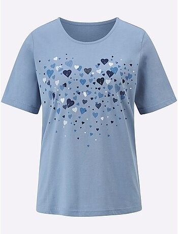 T-shirt à manches courtes en coton avec imprimé coeurs fantaisie - Taille standard - Moda Vilona