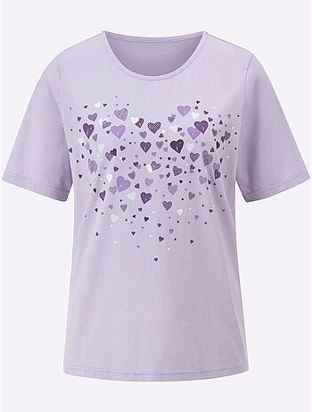 T-shirt à manches courtes en coton avec imprimé coeurs fantaisie - Taille standard - Moda Vilona