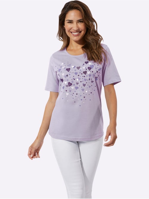 T-shirt à manches courtes en coton avec imprimé de cœurs fantaisie - Taille standard - Moda Vilona - Kiabi