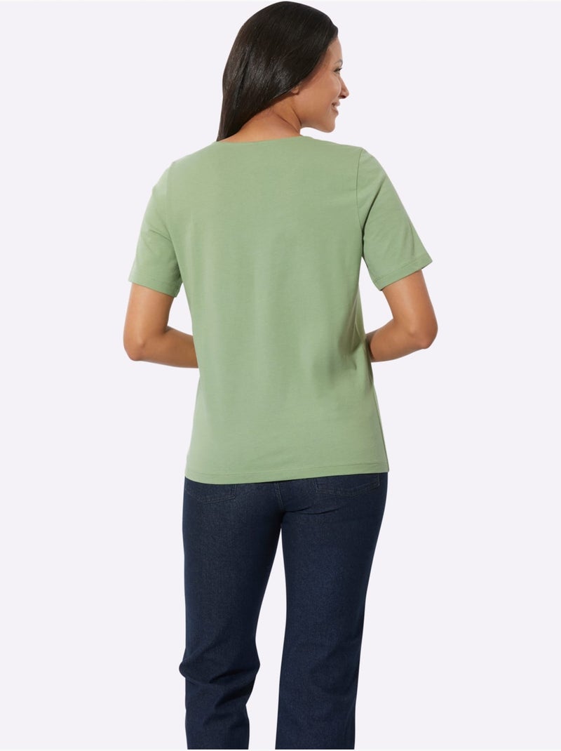 T-shirt à manches courtes en coton avec imprimé feuilles en haut - Taille standard - Moda Vilona Blanc Vert - Kiabi
