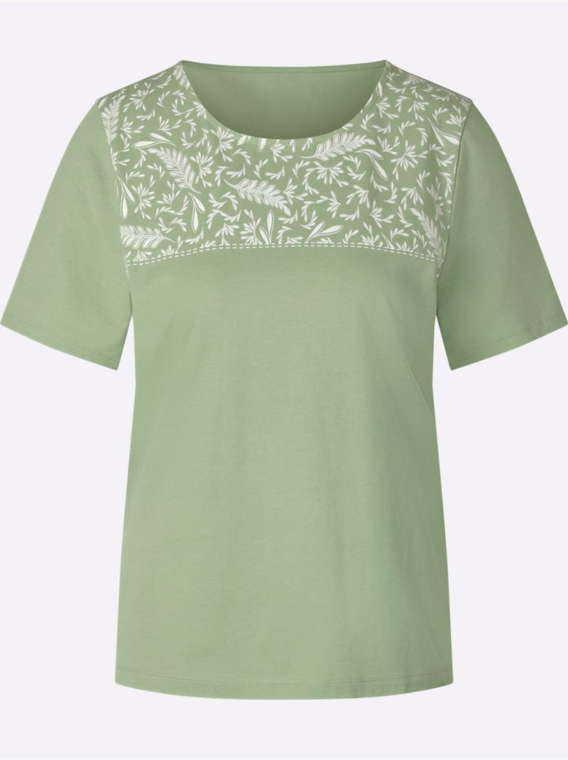 T-shirt à manches courtes en coton avec imprimé feuilles en haut - Taille standard - Moda Vilona Blanc Vert - Kiabi