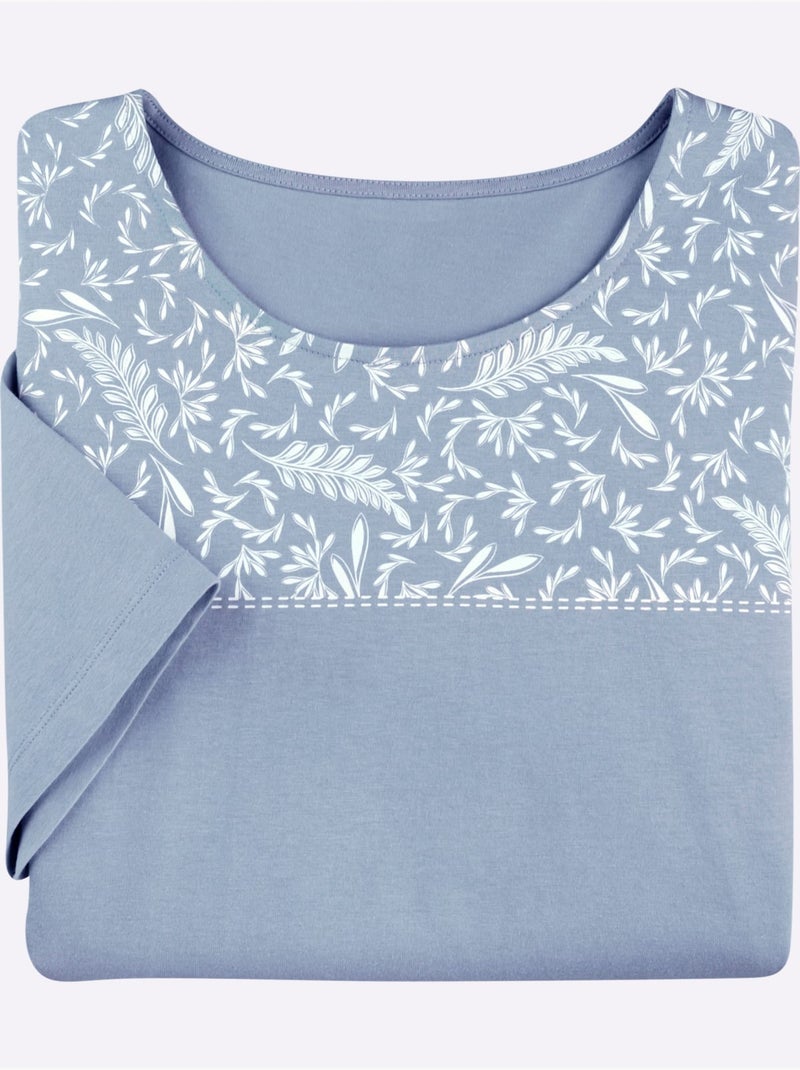T-shirt à manches courtes en coton avec imprimé feuilles en haut - Taille standard - Moda Vilona Bleu Ecru - Kiabi