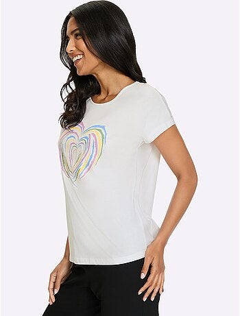 T-shirt à manches courtes en coton avec motif cœur devant - Taille standard - Moda Vilona