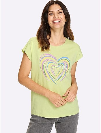 T-shirt à manches courtes en coton avec motif cœur devant - Taille standard - Moda Vilona