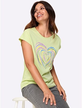 T-shirt à manches courtes en coton avec motif cœur devant - Taille standard - Moda Vilona