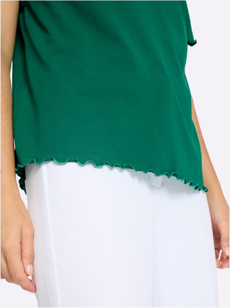 T-shirt à manches courtes en finition ondulée avec col rond - Taille standard - Moda Vilona Vert - Kiabi