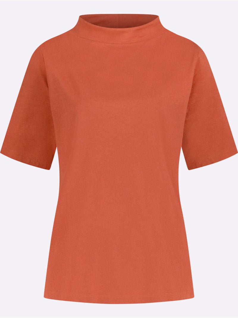 T-shirt à manches courtes en jersey fin avec col corolle - Taille standard - Moda Vilona Terre cuite - Kiabi