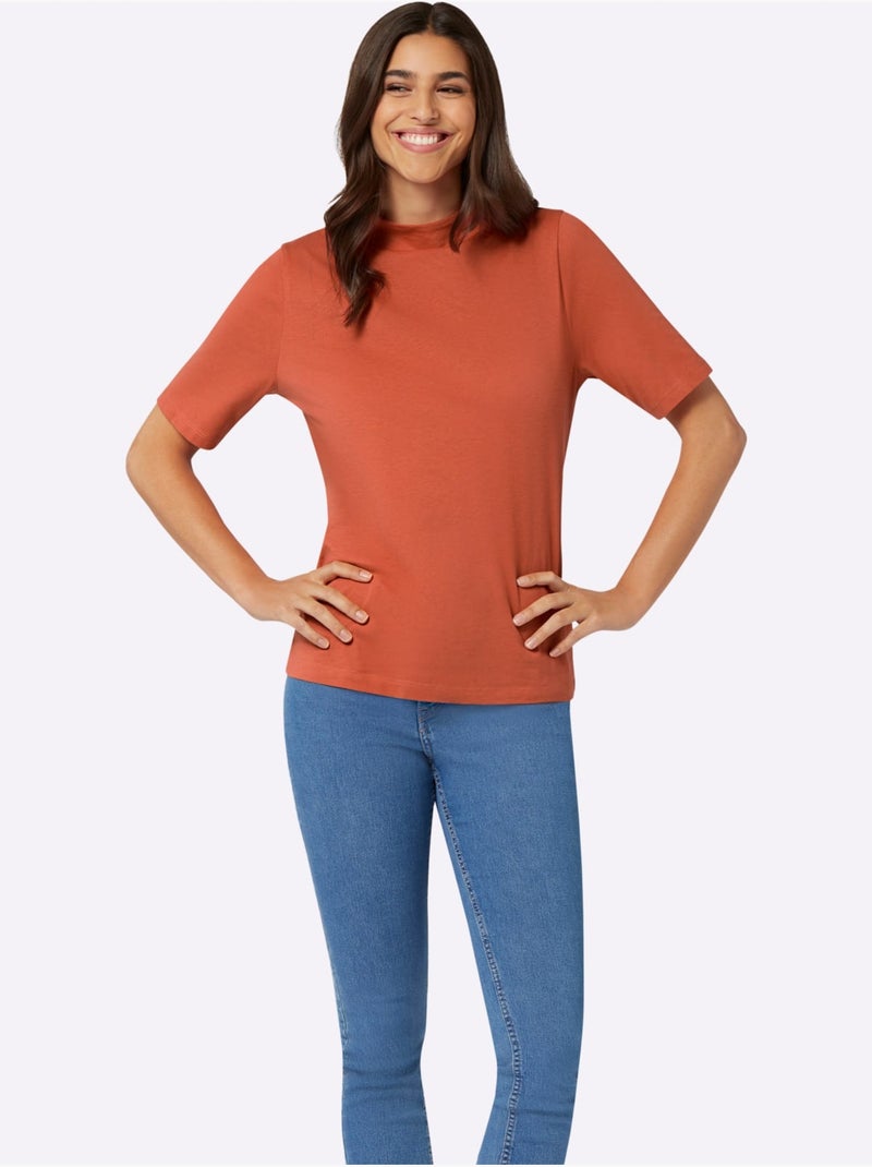 T-shirt à manches courtes en jersey fin avec col corolle - taille standard - moda vilona Terre cuite - Kiabi