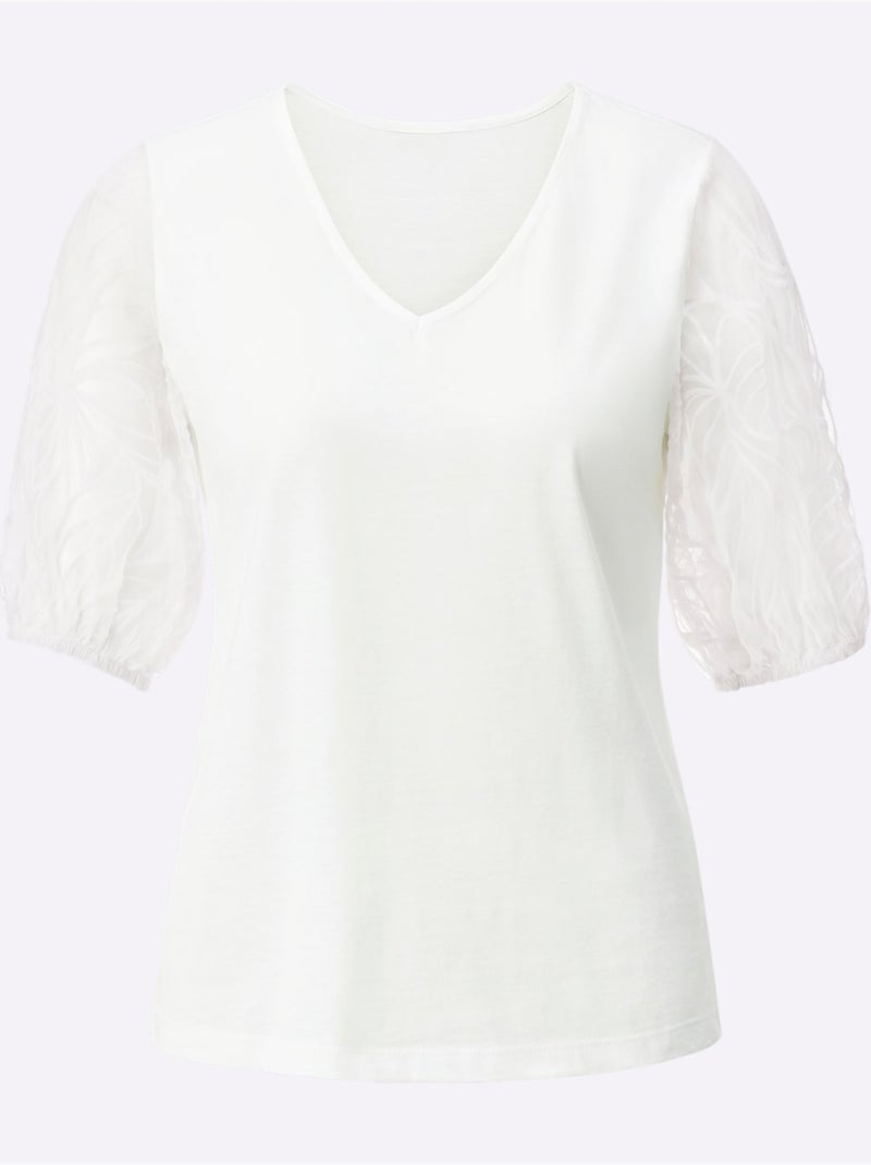 T shirt à manches courtes en modal et dentelle - Taille standard - Helline Ecru - Kiabi