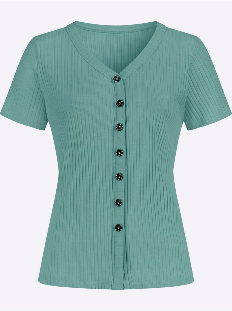T-shirt à manches courtes en qualité côtelée avec col en V - Taille standard - Witt Vert Sauge - Kiabi