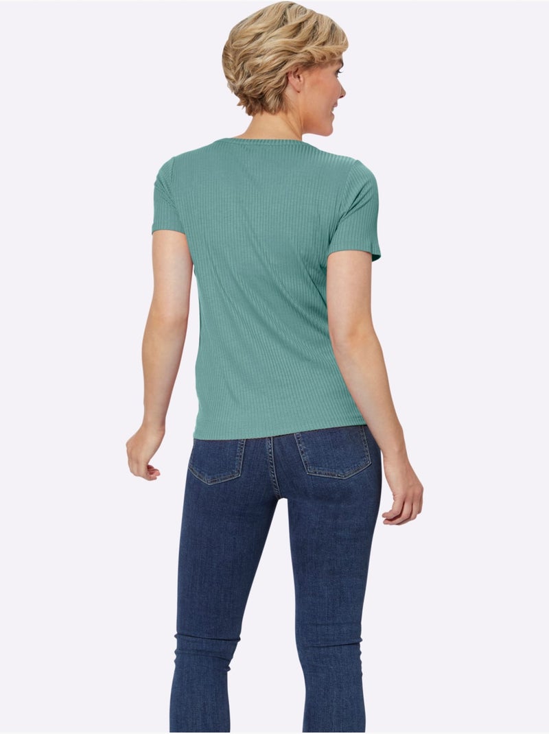 T-shirt à manches courtes en qualité côtelée avec col en V - Taille standard - Witt Vert Sauge - Kiabi