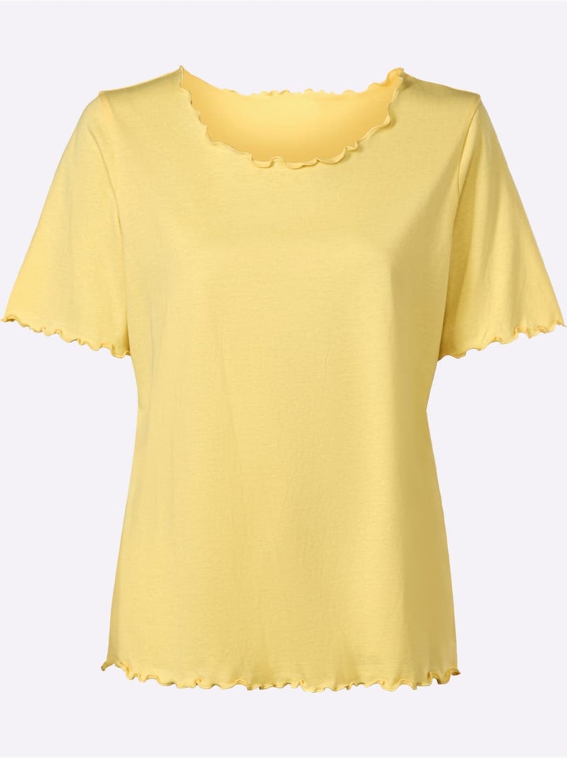 T-shirt à manches courtes en qualité douce avec finitions ondulées - Taille standard - Moda Vilona Jaune citron - Kiabi