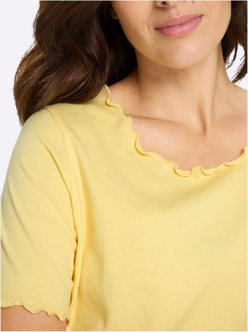 T-shirt à manches courtes en qualité douce avec finitions ondulées - Taille standard - Moda Vilona Jaune citron - Kiabi