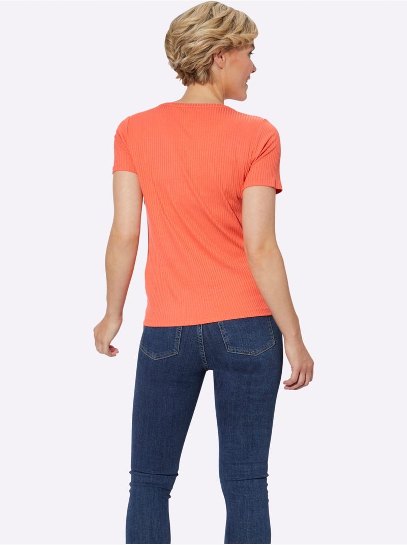 T-shirt à manches courtes en viscose avec col V et patte de boutonnage - Taille standard - Witt Orange - Kiabi