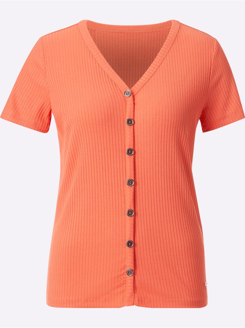 T-shirt à manches courtes en viscose avec col V et patte de boutonnage - Taille standard - Witt Orange - Kiabi